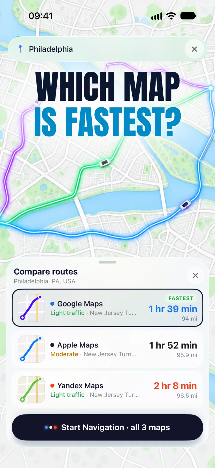 Compare routes sheet with Google, Apple and Yandex