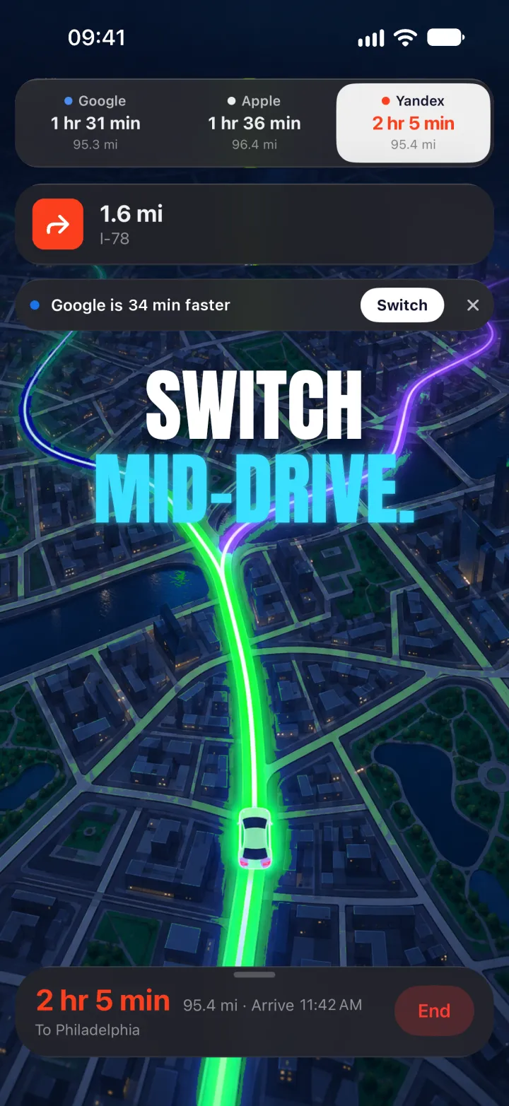 Driving with Yandex while Google is shown as faster