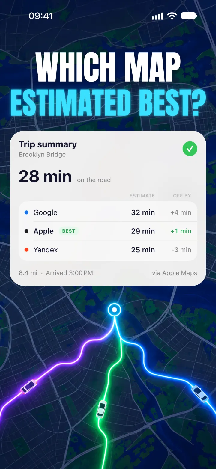 Trip summary comparing each map's estimate with the real drive